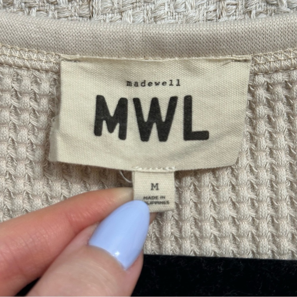 Madewell Waffle Knit Long Sleeve Crop Top Scoop Neck Beige Neutral Basic Medium - Picture 5 of 8